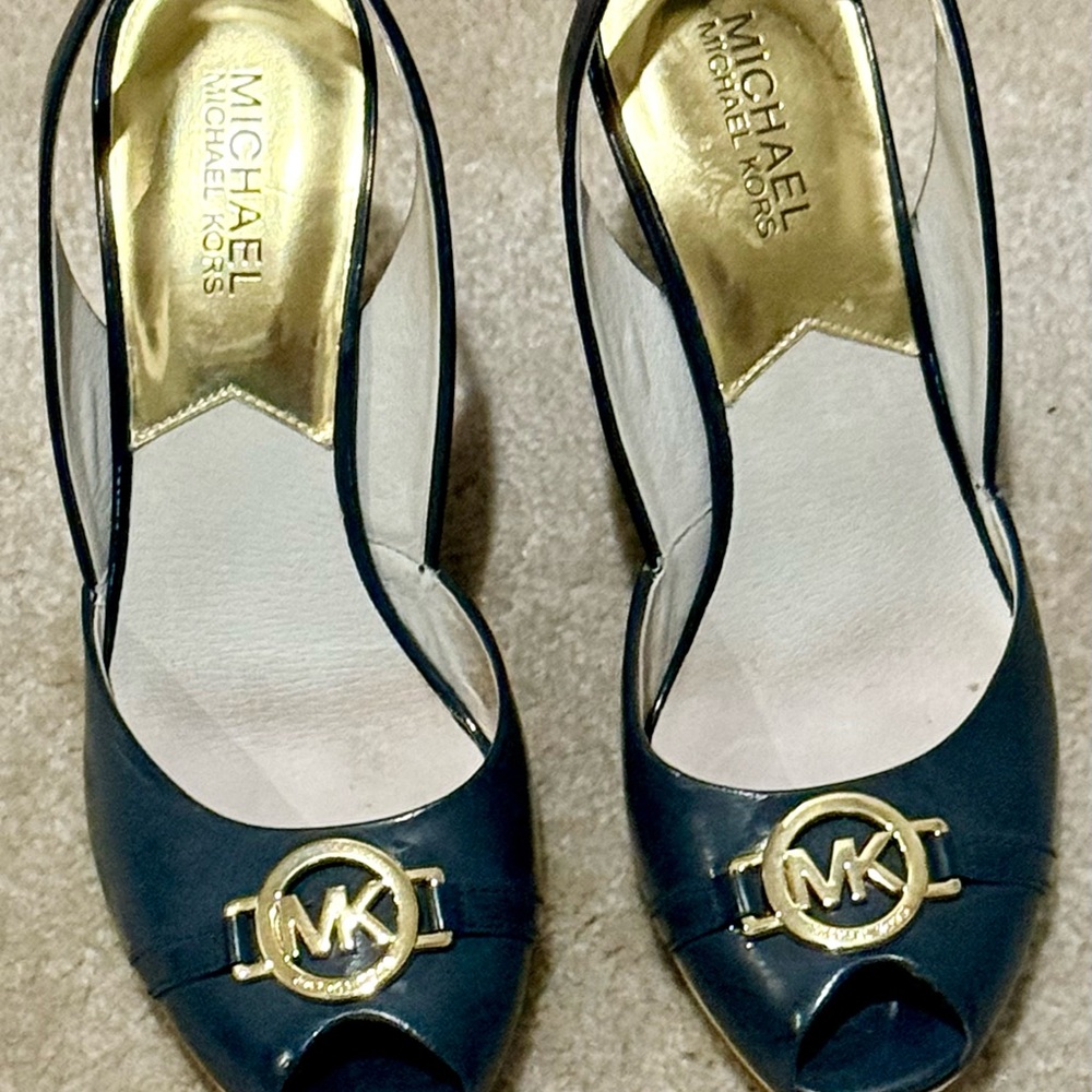 Michael Kors Navy and Gold Peep-Toe Heels